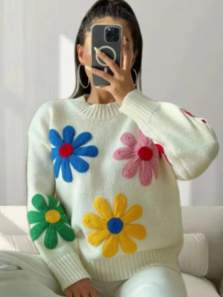 Flower Patch Work Pullover Plush Sweater Pullover Sweaters | Chuzko.com