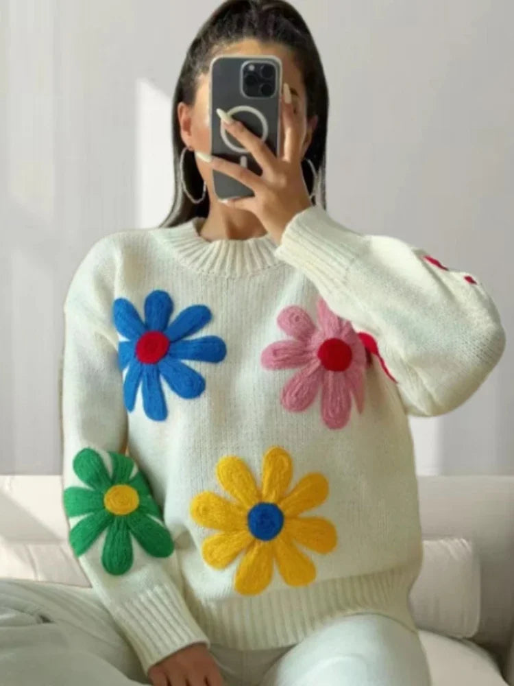 Flower Patch Work Pullover Plush Sweater	