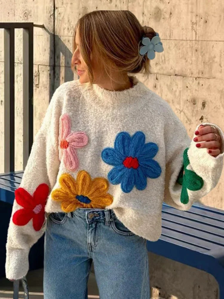 Flower Patch Work Pullover Plush Sweater Pullover Sweaters | Chuzko.com