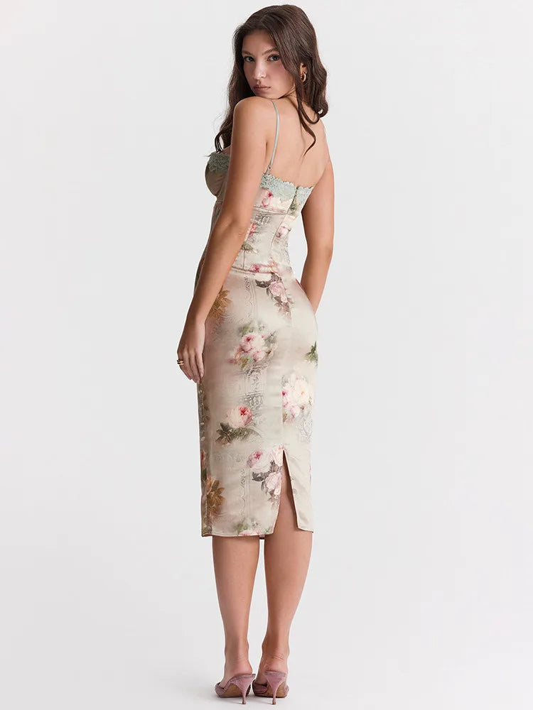 Spaghetti Strap Lace Trim Floral Print Midi Dress Midi Dresses | Chuzko.com