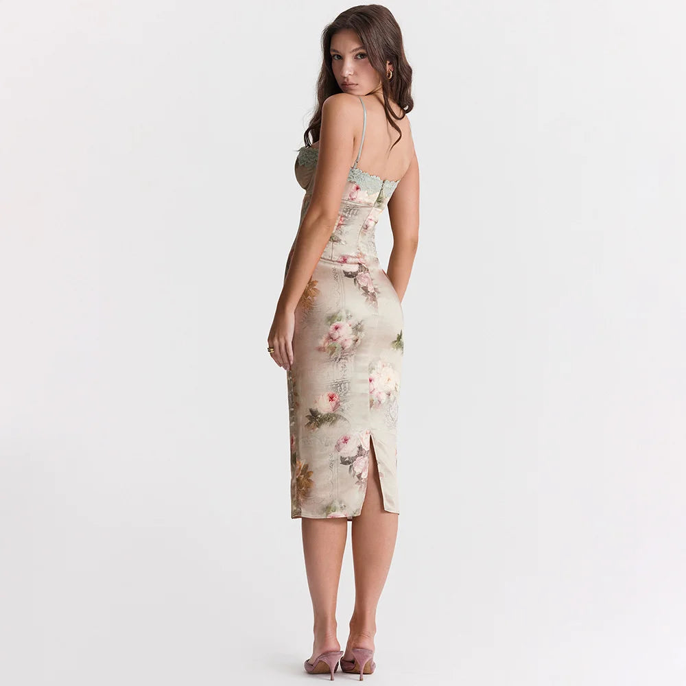 Spaghetti Strap Lace Trim Floral Print Midi Dress Midi Dresses | Chuzko.com