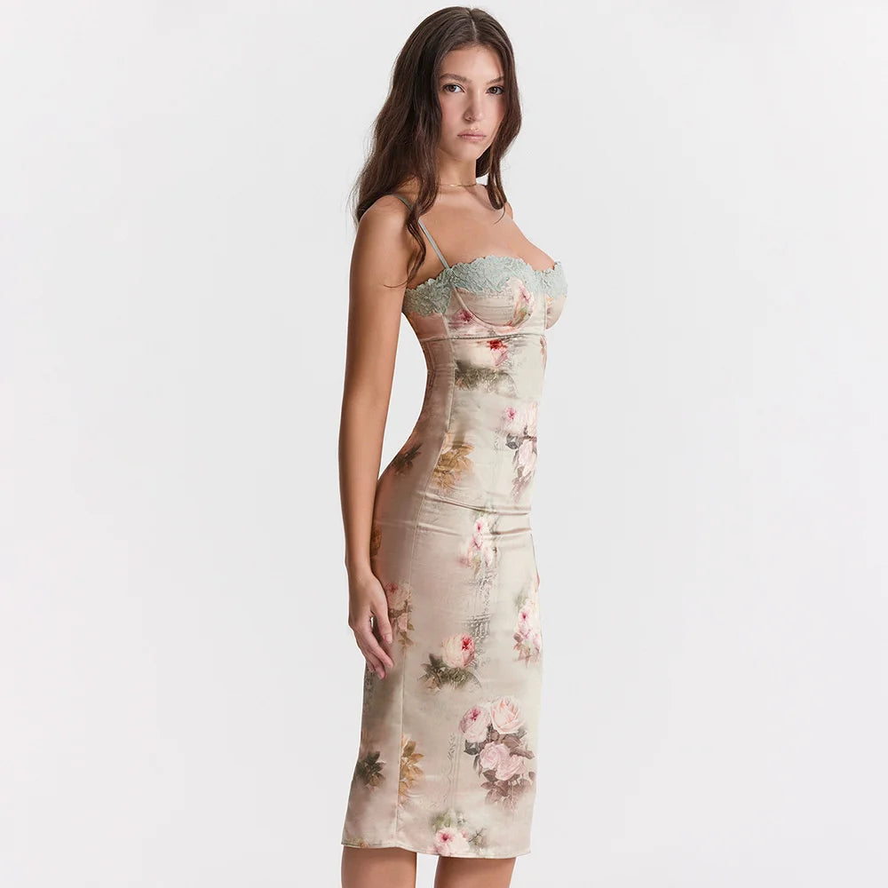 Spaghetti Strap Lace Trim Floral Print Midi Dress Midi Dresses | Chuzko.com