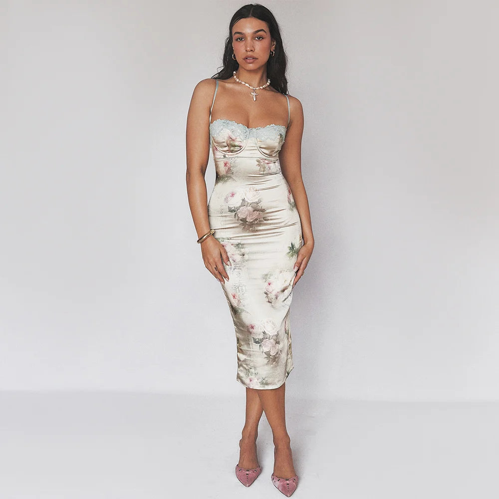 Spaghetti Strap Lace Trim Floral Print Midi Dress Midi Dresses | Chuzko.com