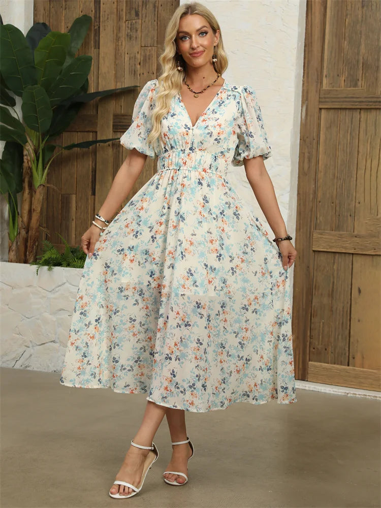 Floral Chiffon Midi Dress with V-Neck - Light and Airy Midi | Chuzko.com