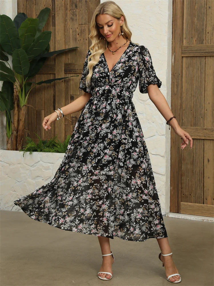 Floral Chiffon Midi Dress with V-Neck - Light and Airy Midi | Chuzko.com