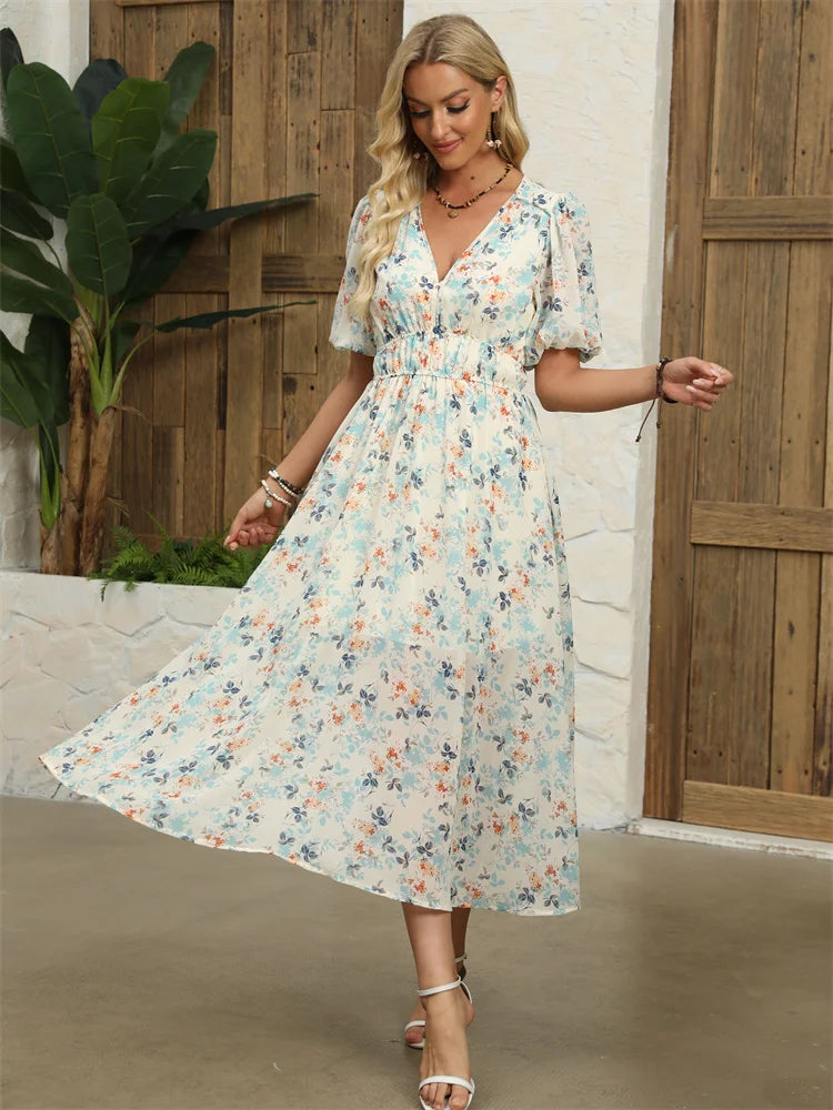 Floral Chiffon Midi Dress with V-Neck - Light and Airy Midi | Chuzko.com