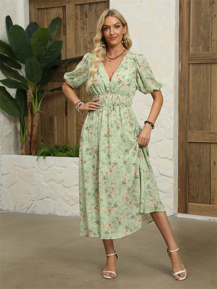 Floral Chiffon Midi Dress with V-Neck - Light and Airy Midi | Chuzko.com