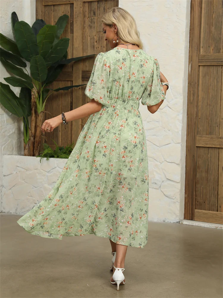 Floral Chiffon Midi Dress with V-Neck - Light and Airy Midi | Chuzko.com