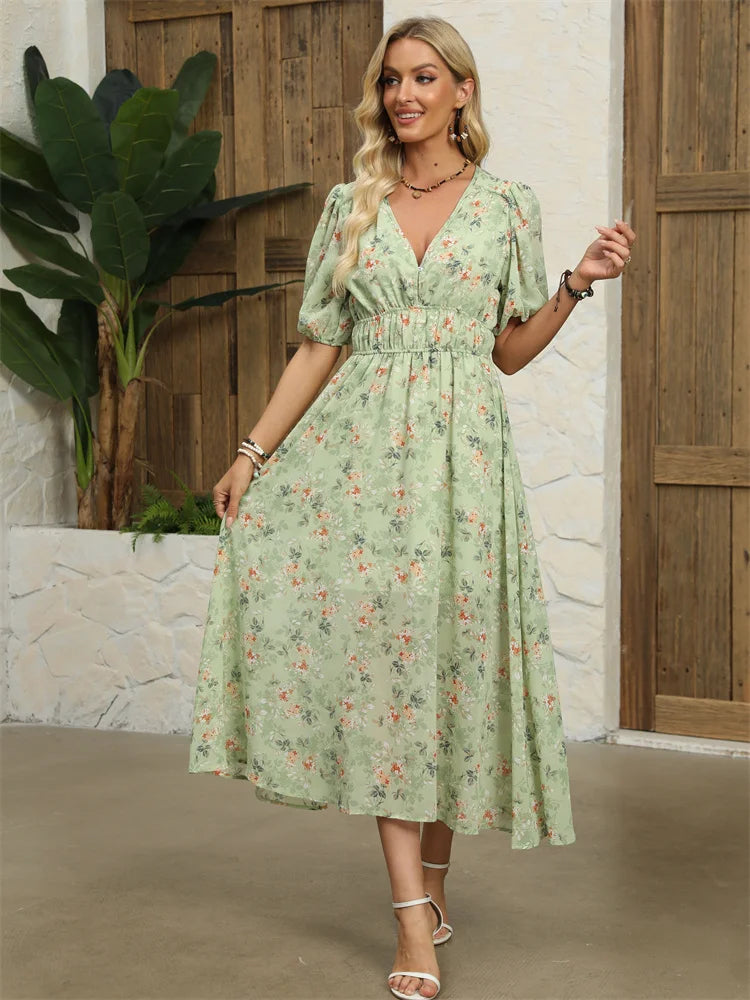 Floral Chiffon Midi Dress with V-Neck - Light and Airy Midi | Chuzko.com