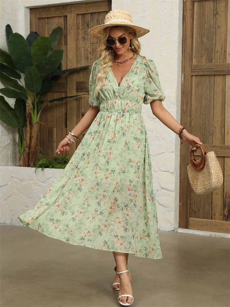 Floral Chiffon Midi Dress with V-Neck - Light and Airy Midi | Chuzko.com