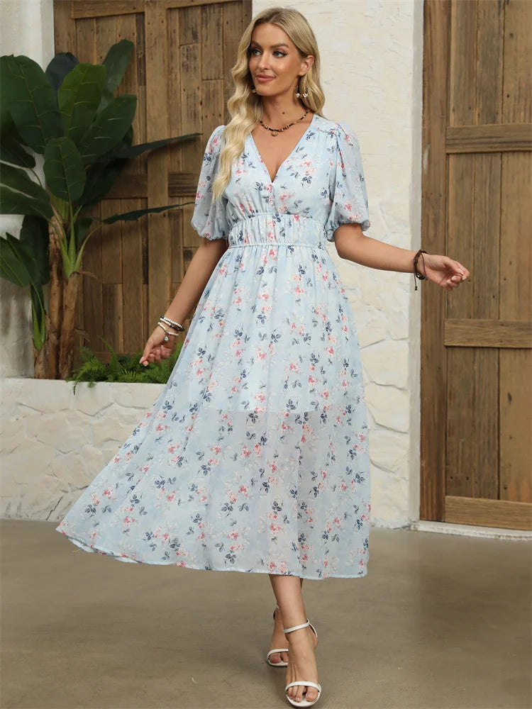 Floral Chiffon Midi Dress with V-Neck - Light and Airy Midi | Chuzko.com