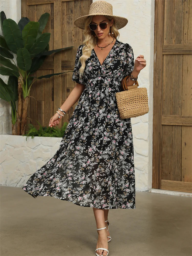 Floral Chiffon Midi Dress with V-Neck - Light and Airy Midi | Chuzko.com