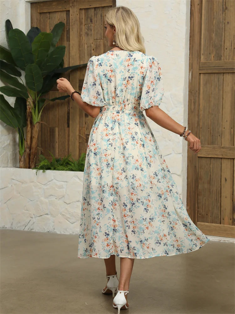 Floral Chiffon Midi Dress with V-Neck - Light and Airy Midi | Chuzko.com