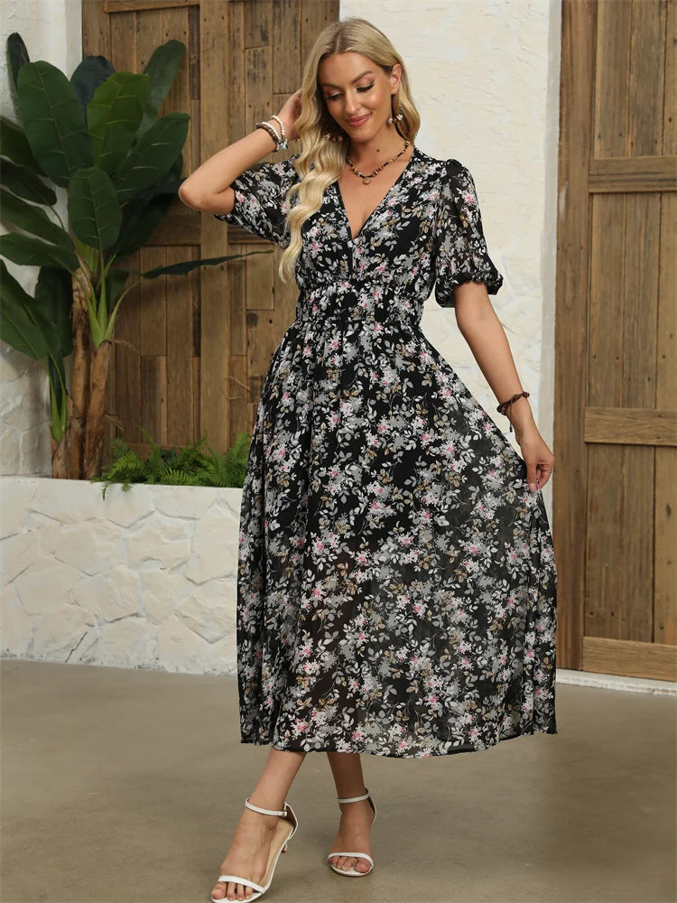 Floral Chiffon Midi Dress with V-Neck - Light and Airy Midi | Chuzko.com