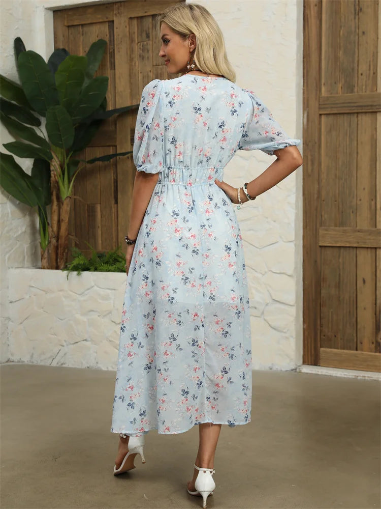 Floral Chiffon Midi Dress with V-Neck - Light and Airy Midi | Chuzko.com