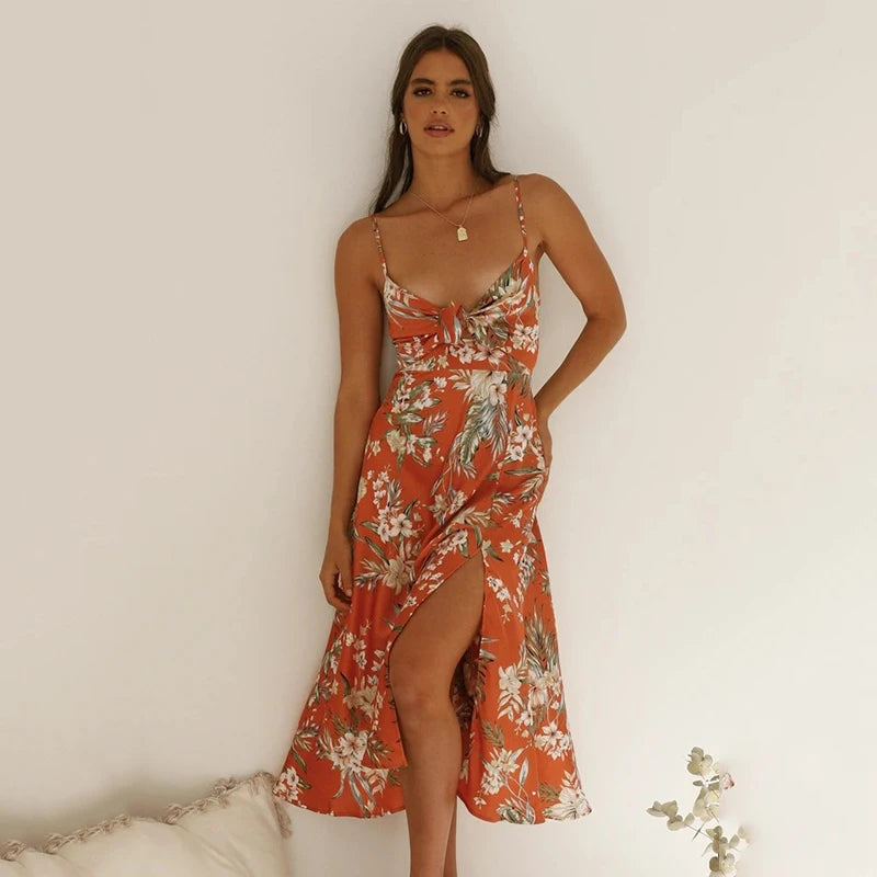 Fancy Print A-Line Midi Dress with Tie Front Midi Dresses | Chuzko.com