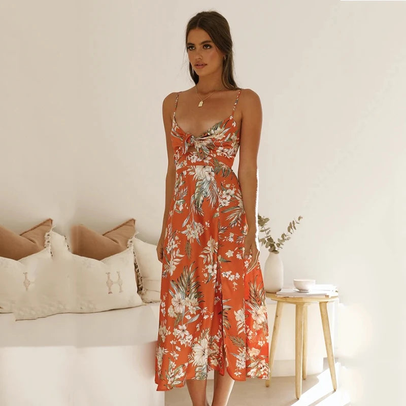 Fancy Print A-Line Midi Dress with Tie Front Midi Dresses | Chuzko.com