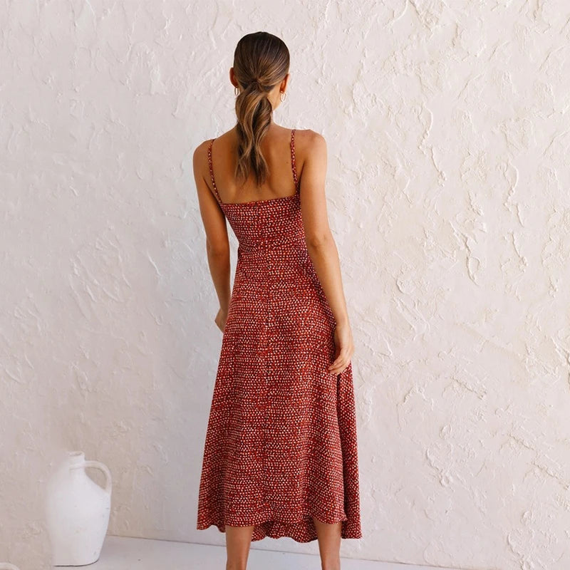 Fancy Print A-Line Midi Dress with Tie Front Midi Dresses | Chuzko.com