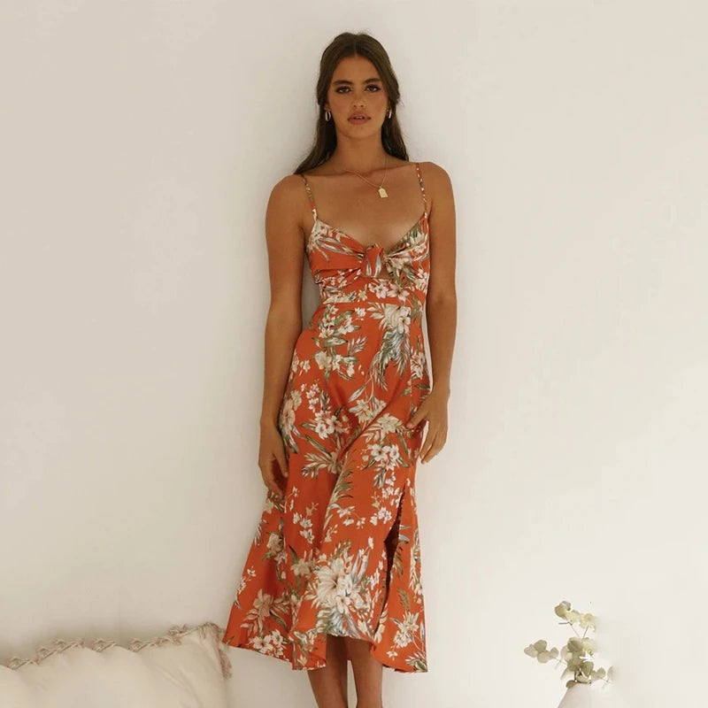 Fancy Print A-Line Midi Dress with Tie Front Midi Dresses | Chuzko.com