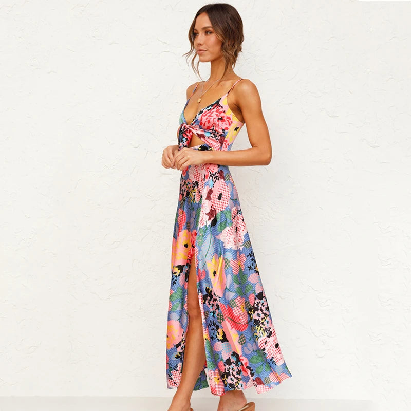 Fancy Print A-Line Midi Dress with Tie Front Midi Dresses | Chuzko.com