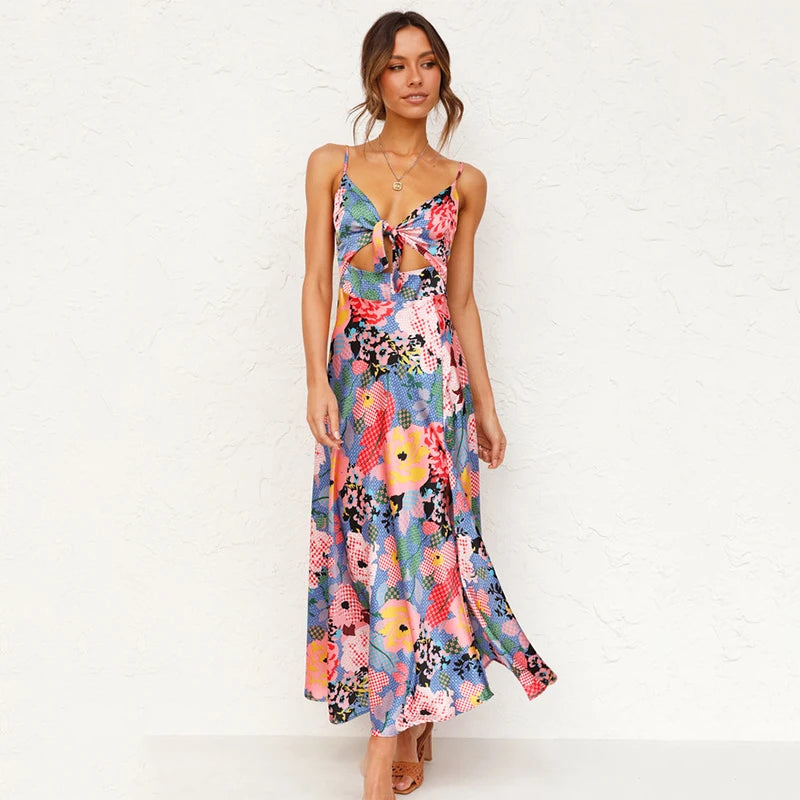 Fancy Print A-Line Midi Dress with Tie Front Midi Dresses | Chuzko.com