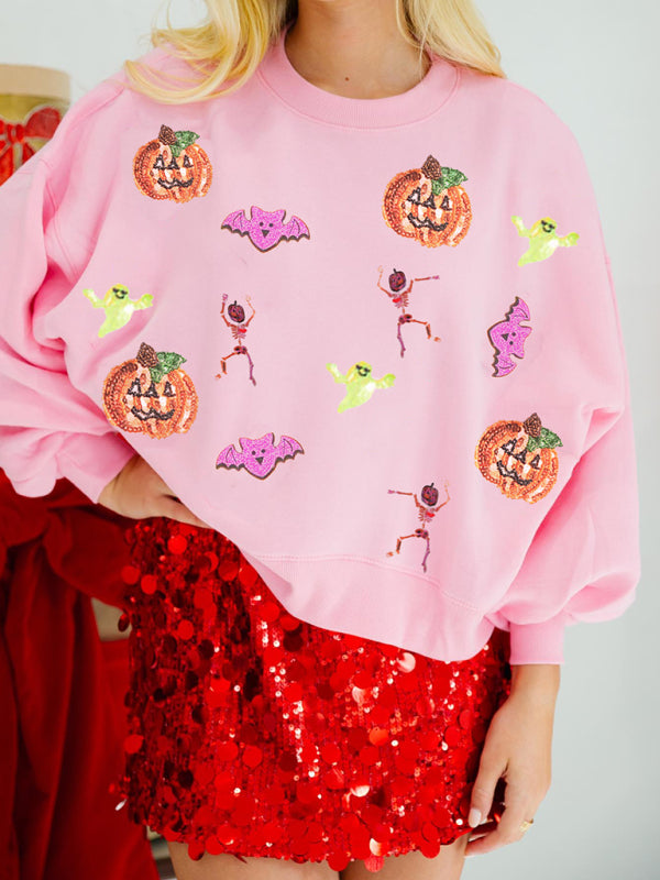 Halloween Multicolor Sequins Long Sleeve Sweatshirt Round Neck Top	