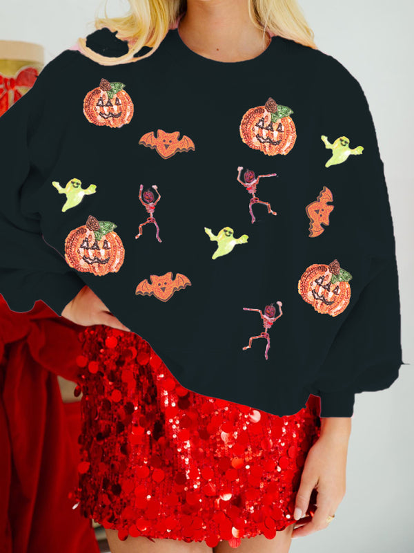 Halloween Multicolor Sequins Long Sleeve Sweatshirt Round Neck | Chuzko.com