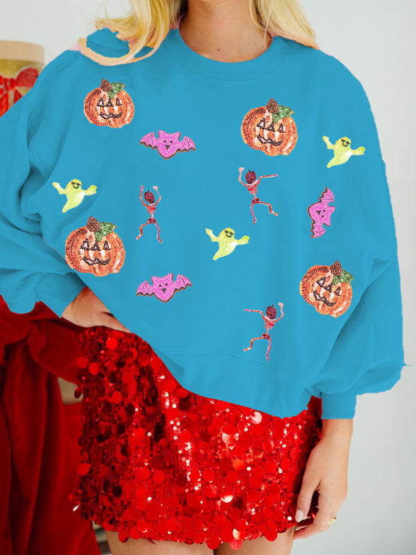 Halloween Multicolor Sequins Long Sleeve Sweatshirt Round Neck | Chuzko.com