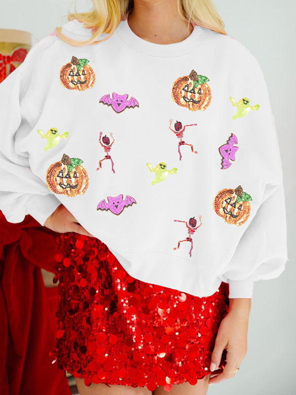 Halloween Multicolor Sequins Long Sleeve Sweatshirt Round Neck | Chuzko.com