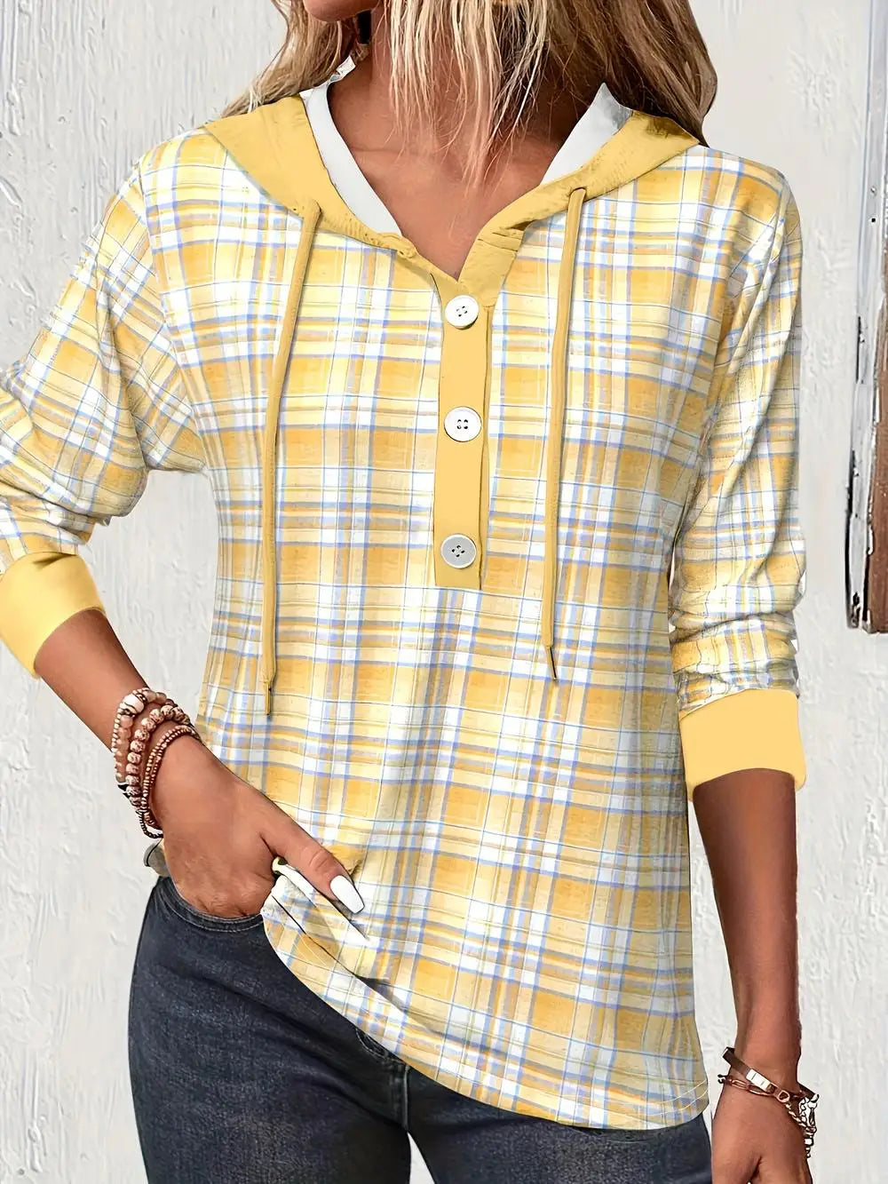 Lightweight Hooded Plaid Shirt Buttoned Sweatshirt	