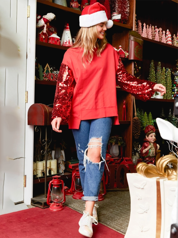 Sequined Angel Wings Christmas High-Low Sweatshirt Holiday | Chuzko.com