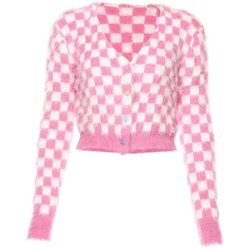 Checkerboard Crop Cardigan Fuzzy Cuff Plaid Sweater Cardigans | Chuzko.com