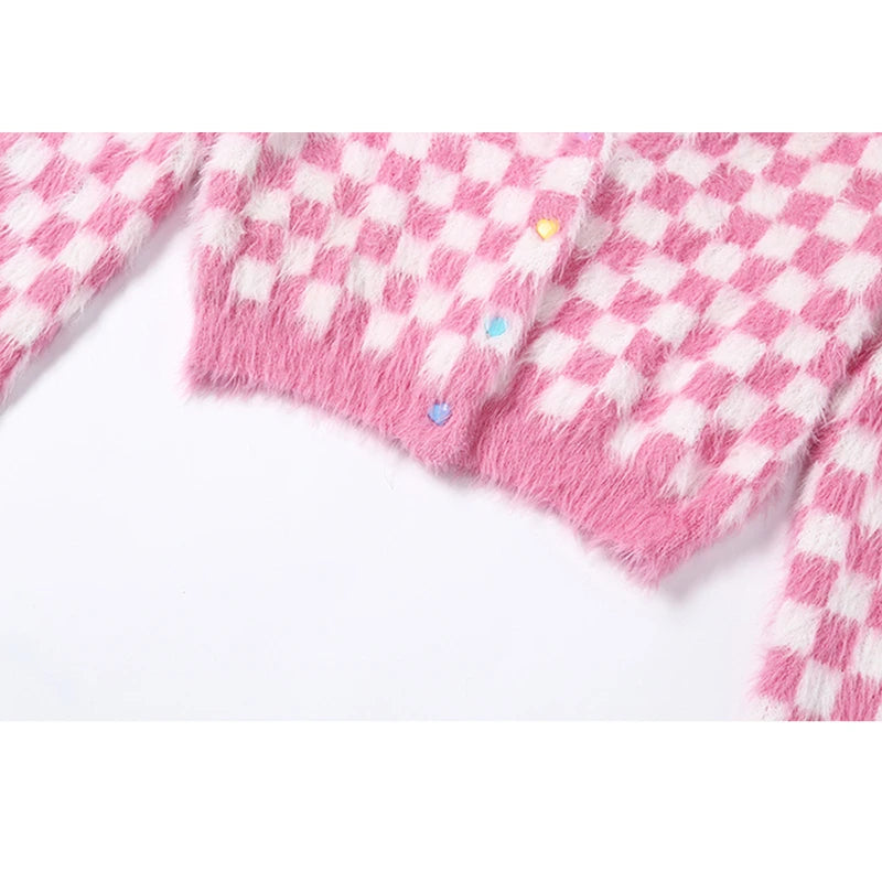 Checkerboard Crop Cardigan Fuzzy Cuff Plaid Sweater Cardigans | Chuzko.com