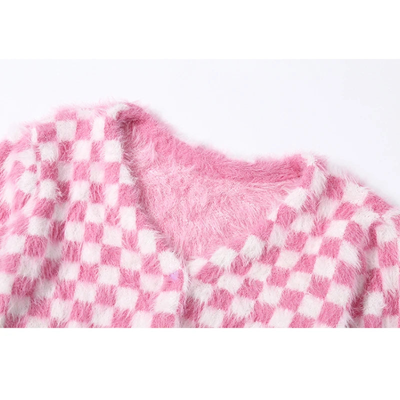 Checkerboard Crop Cardigan Fuzzy Cuff Plaid Sweater Cardigans | Chuzko.com