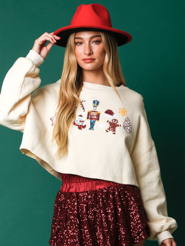 Festive Nutcracker Sequined Crop Sweatshirt - Holiday Special	