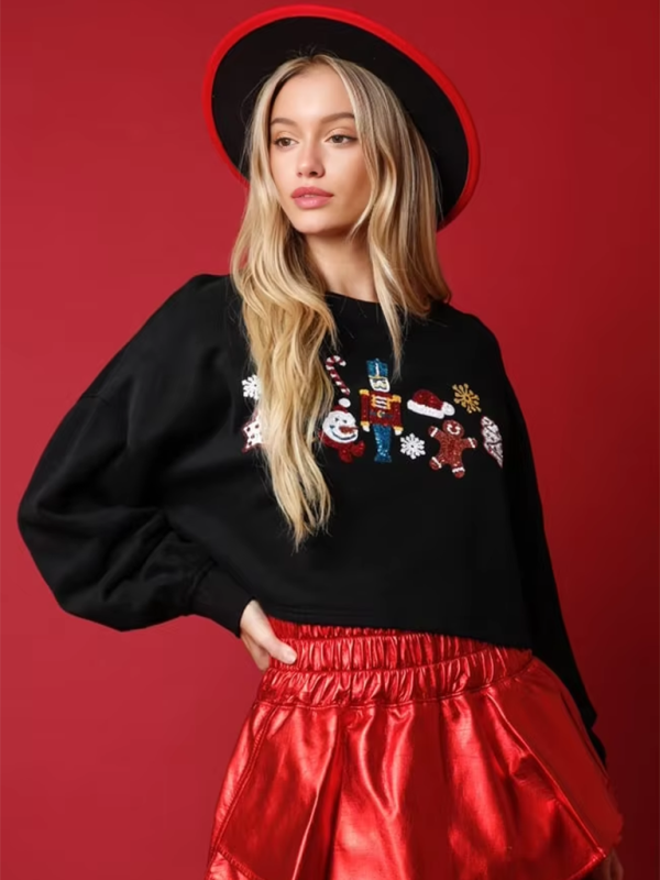 Festive Nutcracker Sequined Crop Sweatshirt - Holiday Special | Chuzko.com