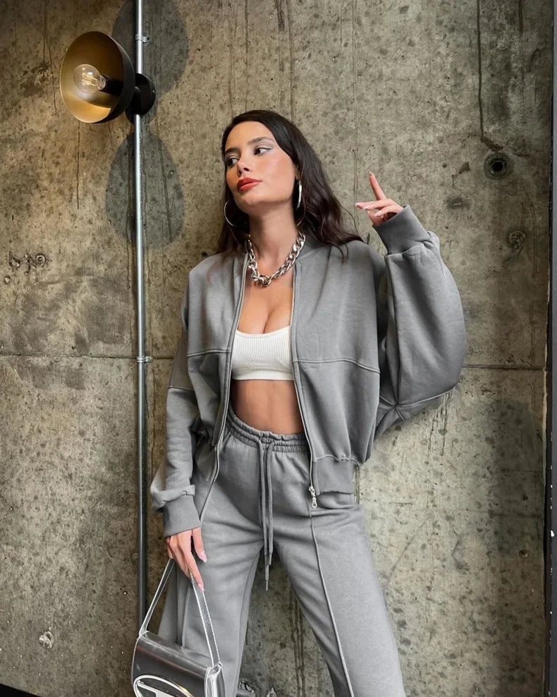 Athleisure Sweat Set 2-Piece Sweatpants & Zip-up cardigan Outfit | Chuzko.com