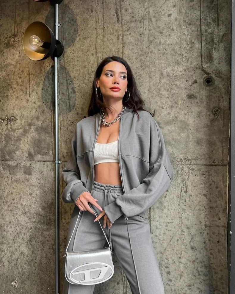 Athleisure Sweat Set 2-Piece Sweatpants & Zip-up cardigan Outfit | Chuzko.com