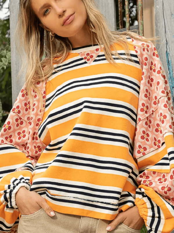 Floral & Stripe Print Oversized Sweatshirt for Women Sweatshirts | Chuzko.com