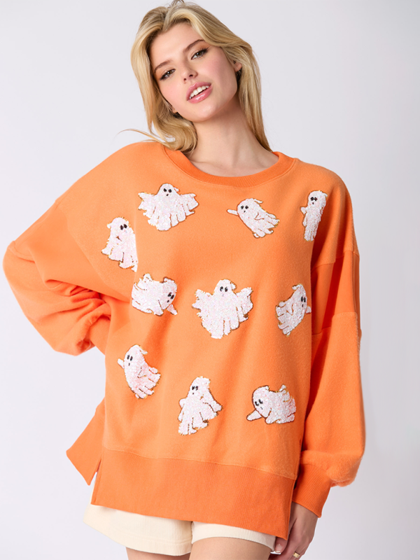 Ghostly Sequin Halloween Sweatshirt - Oversized Fit	