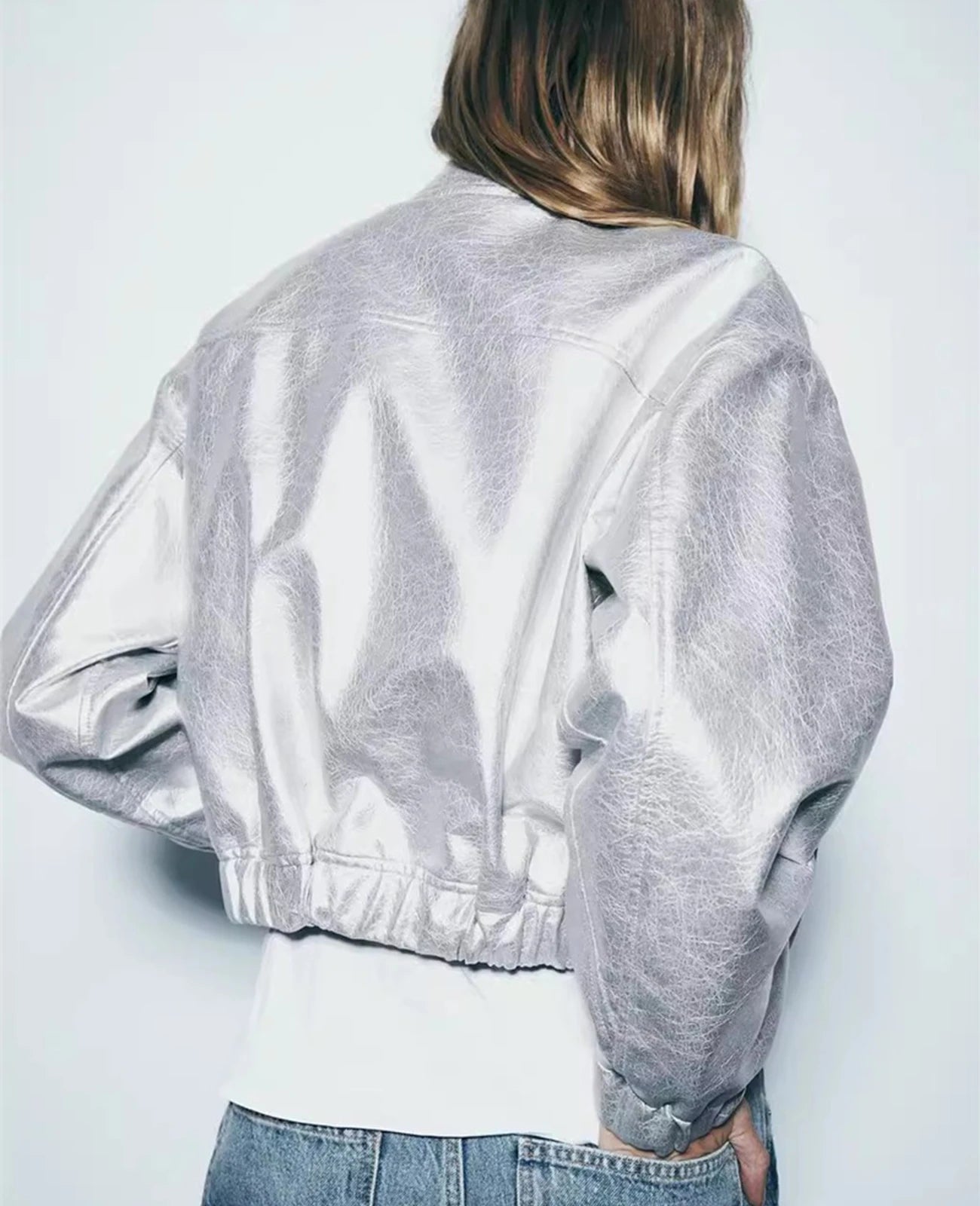 Metallic Bomber Silver Pilot Jacket Moto Jackets | Chuzko.com