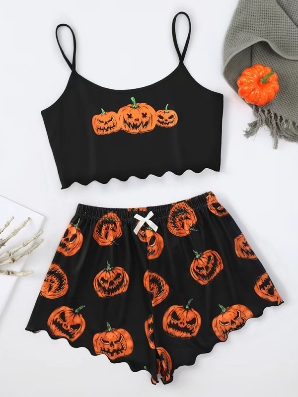 Halloween Theme Print Galore Crop Top Shorts Pajama Set Halloween | Chuzko.com