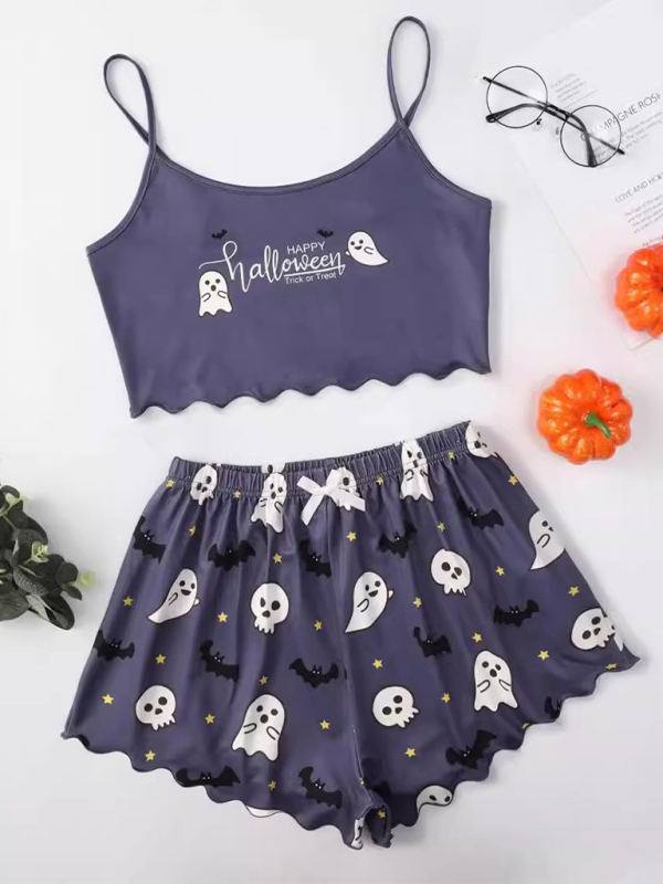 Halloween Theme Print Galore Crop Top Shorts Pajama Set Halloween | Chuzko.com