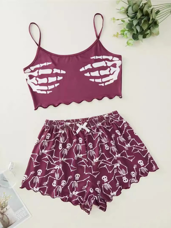 Halloween Theme Print Galore Crop Top Shorts Pajama Set Halloween | Chuzko.com