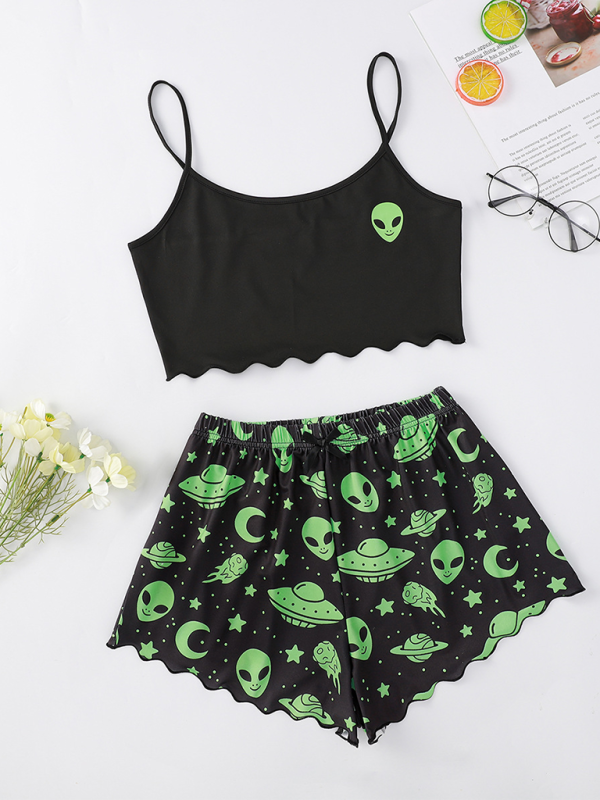 Halloween Theme Print Galore Crop Top Shorts Pajama Set Halloween | Chuzko.com