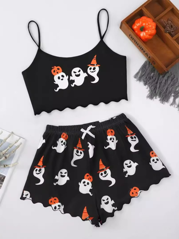 Halloween Theme Print Galore Crop Top Shorts Pajama Set Halloween | Chuzko.com