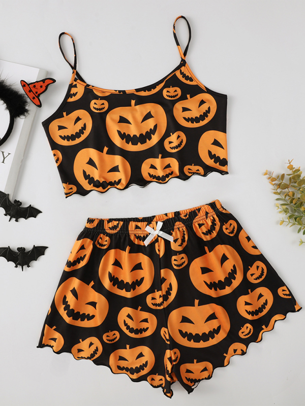 Halloween Theme Print Galore Crop Top Shorts Pajama Set Halloween | Chuzko.com