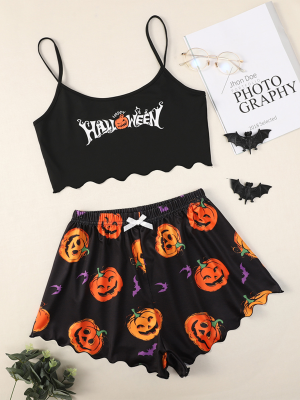 Halloween Theme Print Galore Crop Top Shorts Pajama Set Halloween | Chuzko.com