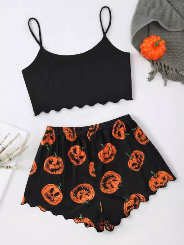 Halloween Theme Print Galore Crop Top Shorts Pajama Set Halloween | Chuzko.com