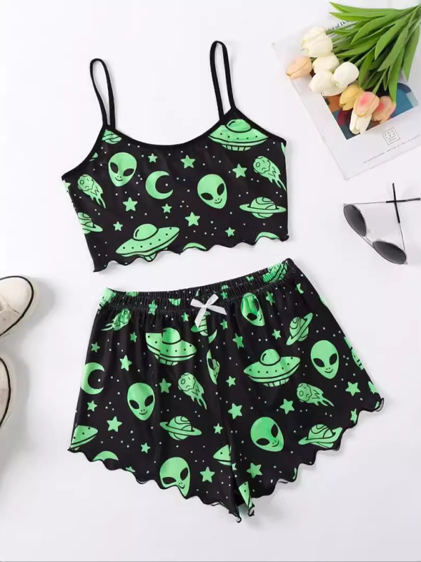 Halloween Theme Print Galore Crop Top Shorts Pajama Set Halloween | Chuzko.com